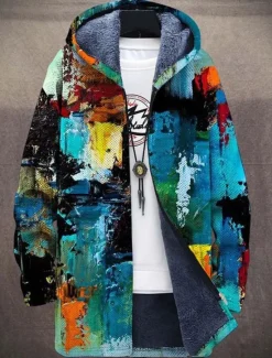 OUKU Men's Abstract Graphic Prints Gradual Winter Coat Fleece Jacket Coat Warm Breathable Comfortable Fashion Streetwear Sport Sports & Outdoor Daily Wear Going out Zipper Pocket Print Fall & Winter Hoodie