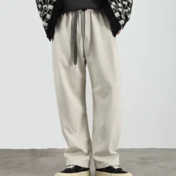 Online OUKU Men's Active Pants Wide Leg Sweatpants Elastic Waist Woven Solid Color Geometric Full Length Outdoor Casual Daily Sports Fashion Navy Blue Beige Micro-elastic