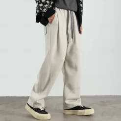 Online OUKU Men's Active Pants Wide Leg Sweatpants Elastic Waist Woven Solid Color Geometric Full Length Outdoor Casual Daily Sports Fashion Navy Blue Beige Micro-elastic