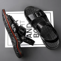 Clearance OUKU Men's Adjustable Buckle Strap Sandals – Stylish Crocodile-Pattern Design, Cushioned Sole, Durable Outdoor Summer Footwear for Casual and Travel Use