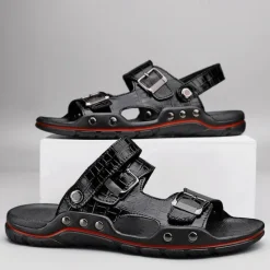 Clearance OUKU Men's Adjustable Buckle Strap Sandals – Stylish Crocodile-Pattern Design, Cushioned Sole, Durable Outdoor Summer Footwear for Casual and Travel Use