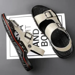 Clearance OUKU Men's Adjustable Buckle Strap Sandals – Stylish Crocodile-Pattern Design, Cushioned Sole, Durable Outdoor Summer Footwear for Casual and Travel Use