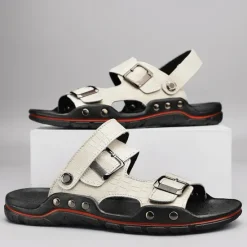 Clearance OUKU Men's Adjustable Buckle Strap Sandals – Stylish Crocodile-Pattern Design, Cushioned Sole, Durable Outdoor Summer Footwear for Casual and Travel Use