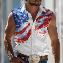 Sale OUKU Men's American / USA National Flag Shirt Western Shirt Cowboy Shirt Sleeveless Western Style Outdoor Party Work Summer Spring Shirt Collar White