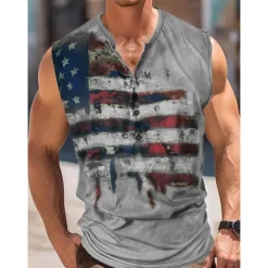 Online OUKU Men's American Flag Tank Top Henley Shirt Sleeveless Vintage Fashion Designer Outdoor Casual Daily Summer Spring & Fall Green Brown Gray Henley Henley T-Shirt