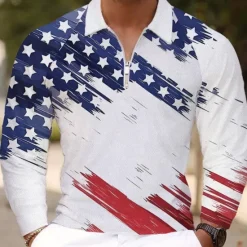 Clearance OUKU Men's American Flag Veterans Polo Shirts Golf Polos Shirts Long Sleeve Polo Shirts Collar Vacation Party Evening Wear Dailywear Zipper 3D Print Spring Fall & Winter Blue