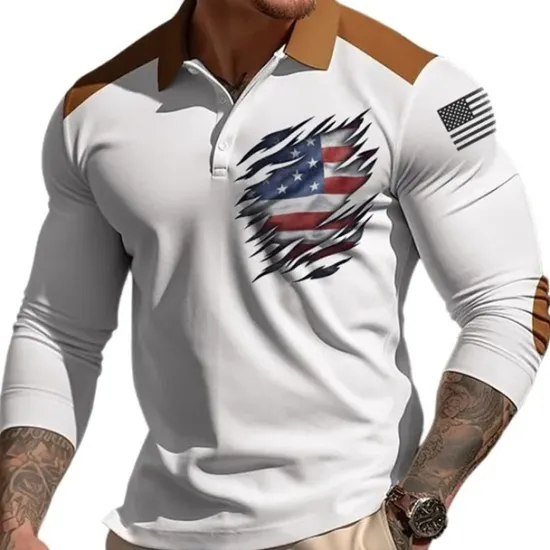 Best OUKU Men's American Flag Veterans Polo Shirts Golf Shirt Long Sleeve Polo Shirts Collared Shirts Casual Streetwear Vacation Wear Party Outfits Buttons 3D Print Yellow Blue Green