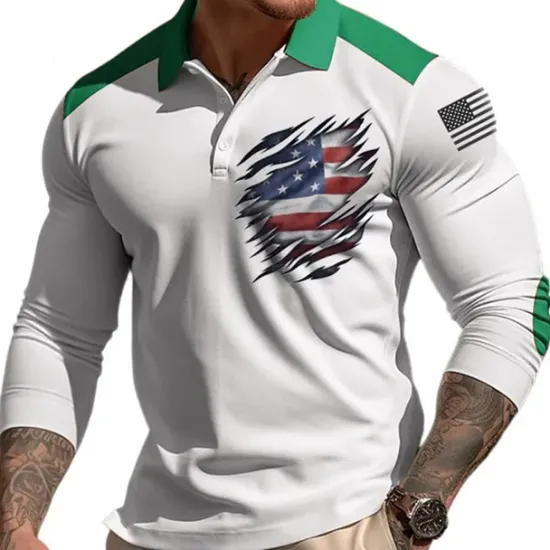 Best OUKU Men's American Flag Veterans Polo Shirts Golf Shirt Long Sleeve Polo Shirts Collared Shirts Casual Streetwear Vacation Wear Party Outfits Buttons 3D Print Yellow Blue Green