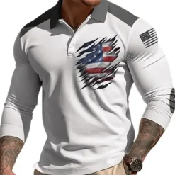 Best OUKU Men's American Flag Veterans Polo Shirts Golf Shirt Long Sleeve Polo Shirts Collared Shirts Casual Streetwear Vacation Wear Party Outfits Buttons 3D Print Yellow Blue Green
