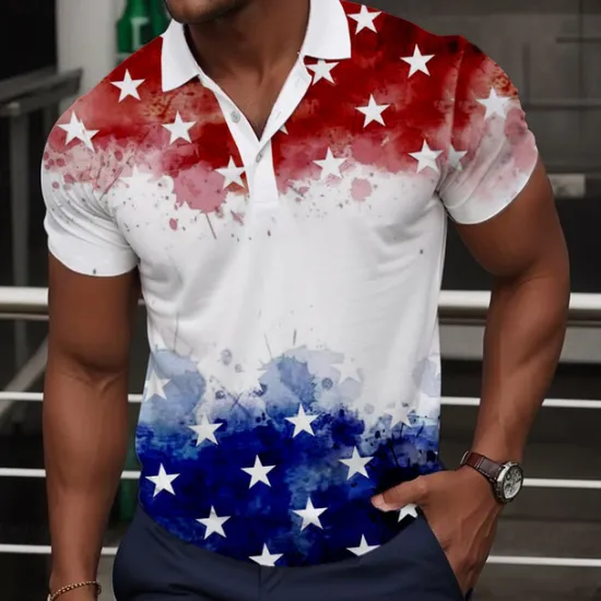 OUKU Men's American Flag Veterans Polo Shirts Golf Shirt Short Sleeve Polo Shirts Collared Shirts Streetwear Vacation Wear Party Outfits Buttons 3D Print Spring & Summer White