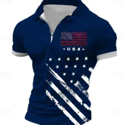 Best OUKU Men's American Flag Veterans Zip Polo Shirts Golf Shirt Short Sleeve Polo Shirts Collared Shirts Streetwear Vacation Wear Party Outfits 3D Print Quarter Zip Polo Spring & Summer White Blue