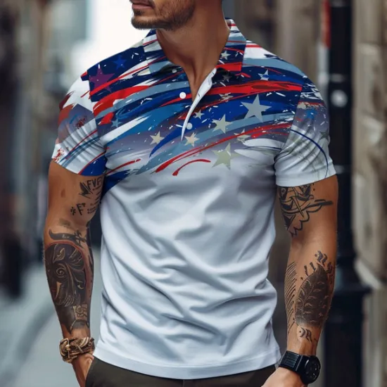New OUKU Men's American Flag Veterans Polo Shirts Golf Shirt Short Sleeve Polo Shirts Collared Shirts Casual Vacation Wear Party Outfits Buttons 3D Print Spring & Summer Black White