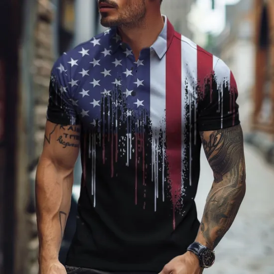 New OUKU Men's American Flag Veterans Polo Shirts Golf Shirt Short Sleeve Polo Shirts Collared Shirts Casual Vacation Wear Party Outfits Buttons 3D Print Spring & Summer Black White