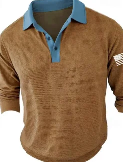 Hot OUKU Men's American Flag Veterans Golf Shirt Long Sleeve Polo Shirts Collared Shirts Casual Vacation Wear Party Outfits Buttons 3D Print Spring & Summer Blue Green Khaki