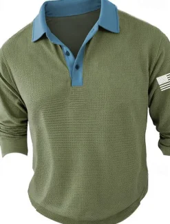 Hot OUKU Men's American Flag Veterans Golf Shirt Long Sleeve Polo Shirts Collared Shirts Casual Vacation Wear Party Outfits Buttons 3D Print Spring & Summer Blue Green Khaki