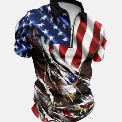 Sale OUKU Men's American Flag Veterans Zip Polo Shirts Golf Shirt Short Sleeve Polo Shirts Collared Shirts Casual Streetwear Vacation Wear Party Outfits 3D Print Quarter Zip Polo Blue