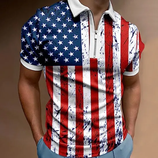 Online OUKU Men's American Flag Veterans Zip Polo Shirts Golf Shirt Short Sleeve Polo Shirts Collared Shirts Casual Streetwear Vacation Wear Party Outfits 3D Print Quarter Zip Polo Black White Black / Purple