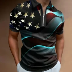 Online OUKU Men's American Flag Veterans Zip Polo Shirts Golf Shirt Short Sleeve Polo Shirts Collared Shirts Casual Streetwear Vacation Wear Party Outfits 3D Print Quarter Zip Polo Black White Black / Purple