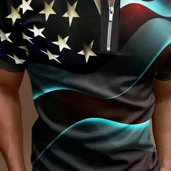 Online OUKU Men's American Flag Veterans Zip Polo Shirts Golf Shirt Short Sleeve Polo Shirts Collared Shirts Casual Streetwear Vacation Wear Party Outfits 3D Print Quarter Zip Polo Black White Black / Purple