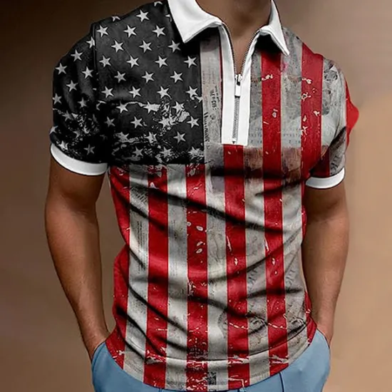 Online OUKU Men's American Flag Veterans Zip Polo Shirts Golf Shirt Short Sleeve Polo Shirts Collared Shirts Casual Streetwear Vacation Wear Party Outfits 3D Print Quarter Zip Polo Black White Black / Purple