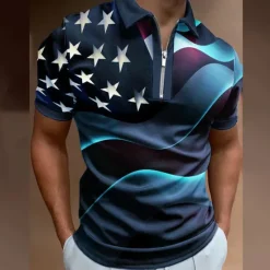 Online OUKU Men's American Flag Veterans Zip Polo Shirts Golf Shirt Short Sleeve Polo Shirts Collared Shirts Casual Streetwear Vacation Wear Party Outfits 3D Print Quarter Zip Polo Black White Black / Purple