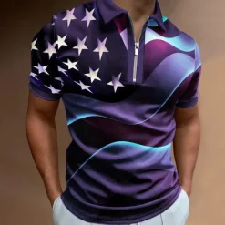 Online OUKU Men's American Flag Veterans Zip Polo Shirts Golf Shirt Short Sleeve Polo Shirts Collared Shirts Casual Streetwear Vacation Wear Party Outfits 3D Print Quarter Zip Polo Black White Black / Purple