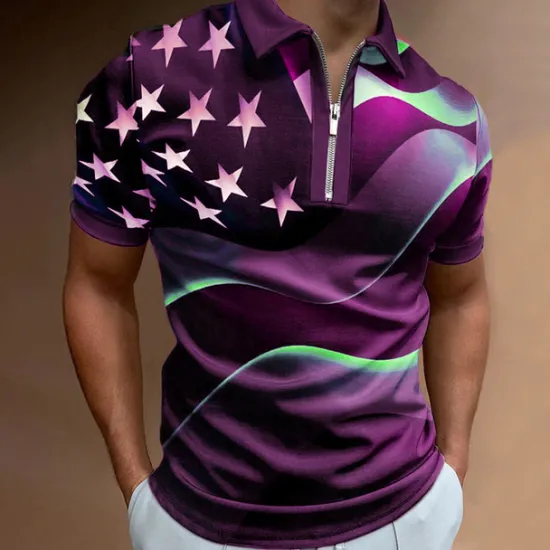 Online OUKU Men's American Flag Veterans Zip Polo Shirts Golf Shirt Short Sleeve Polo Shirts Collared Shirts Casual Streetwear Vacation Wear Party Outfits 3D Print Quarter Zip Polo Black White Black / Purple