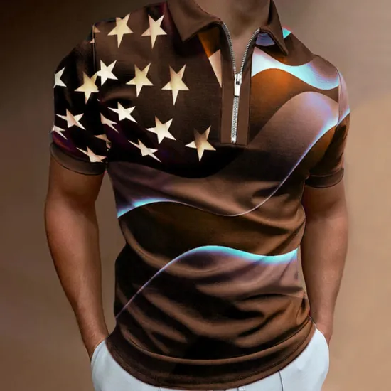 Online OUKU Men's American Flag Veterans Zip Polo Shirts Golf Shirt Short Sleeve Polo Shirts Collared Shirts Casual Streetwear Vacation Wear Party Outfits 3D Print Quarter Zip Polo Black White Black / Purple