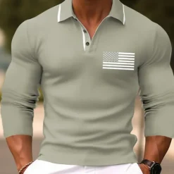 Hot OUKU Men's American Flag Veterans Golf Shirt Long Sleeve Polo Shirts Collared Shirts Casual Vacation Wear Party Outfits Buttons 3D Print Fall & Winter Black Pink Green