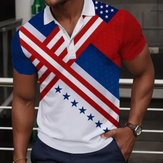 OUKU Men's American Flag Veterans Polo Shirts Golf Shirt Short Sleeve Polo Shirts Collared Shirts Streetwear Vacation Wear Party Outfits Buttons 3D Print Spring & Summer White Blue