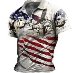 OUKU Men's American Flag Veterans Zip Polo Shirts Golf Shirt Short Sleeve Polo Shirts Collared Shirts Casual Streetwear Vacation Wear Party Outfits 3D Print Quarter Zip Polo Black-White Black Red