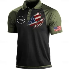 Hot OUKU Men's American Flag Veterans Polo Shirts Golf Shirt Short Sleeve Polo Shirts Collared Shirts Streetwear Vacation Wear Party Outfits Buttons 3D Print Summer Spring Black