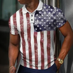 Online OUKU Men's American Flag Veterans Waffle Polo Shirts Golf Shirt Short Sleeve Polo Shirts Collared Shirts Casual Streetwear Vacation Wear Party Outfits Buttons 3D Print White Red Blue