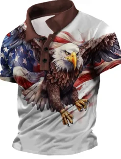 Hot OUKU Men's American Flag Veterans Polo Shirts Golf Shirt Short Sleeve Polo Shirts Collared Shirts Streetwear Vacation Wear Party Outfits Buttons 3D Print Spring & Summer White Blue