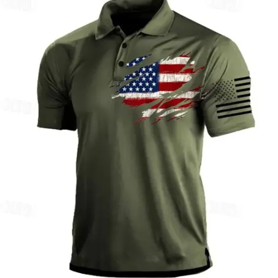 Hot OUKU Men's American Flag Veterans Polo Shirts Golf Shirt Short Sleeve Polo Shirts Collared Shirts Casual Streetwear Vacation Wear Party Outfits Buttons 3D Print Black Red Navy Blue
