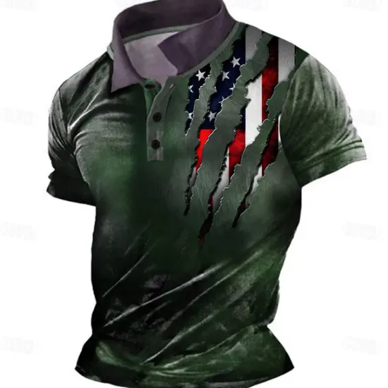 New OUKU Men's American Flag Veterans Polo Shirts Golf Shirt Short Sleeve Polo Shirts Collared Shirts Casual Streetwear Vacation Wear Party Outfits Buttons 3D Print Red Green Dark Gray