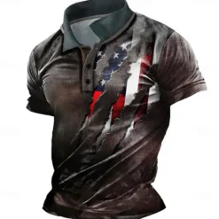 New OUKU Men's American Flag Veterans Polo Shirts Golf Shirt Short Sleeve Polo Shirts Collared Shirts Casual Streetwear Vacation Wear Party Outfits Buttons 3D Print Red Green Dark Gray