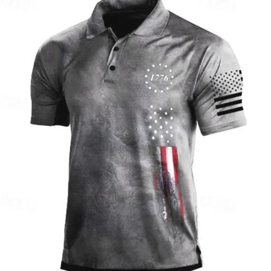 Online OUKU Men's American Flag Veterans Polo Shirts Golf Shirt Short Sleeve Polo Shirts Collared Shirts Casual Streetwear Vacation Wear Party Outfits Buttons 3D Print Black White Army Green