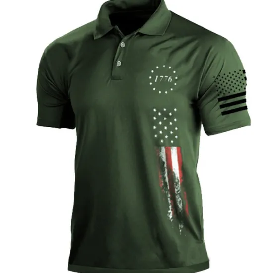 Online OUKU Men's American Flag Veterans Polo Shirts Golf Shirt Short Sleeve Polo Shirts Collared Shirts Casual Streetwear Vacation Wear Party Outfits Buttons 3D Print Black White Army Green