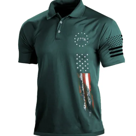 Online OUKU Men's American Flag Veterans Polo Shirts Golf Shirt Short Sleeve Polo Shirts Collared Shirts Casual Streetwear Vacation Wear Party Outfits Buttons 3D Print Black White Army Green