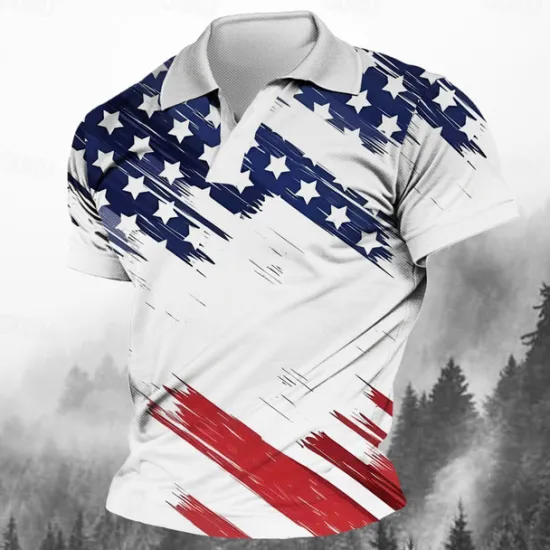 OUKU Men's American Flag Veterans Polo Shirts Golf Shirt Short Sleeve Polo Shirts V Neck Streetwear Vacation Wear Party Outfits 3D Print Spring & Summer White
