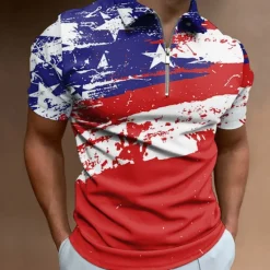 OUKU Men's American Flag Veterans Zip Polo Shirts Golf Shirt Short Sleeve Polo Shirts Colla Shirts Casual Streetwear Vacation Wear Party Outfits 3D Print Quarter Zip Polo Summer Spring Red