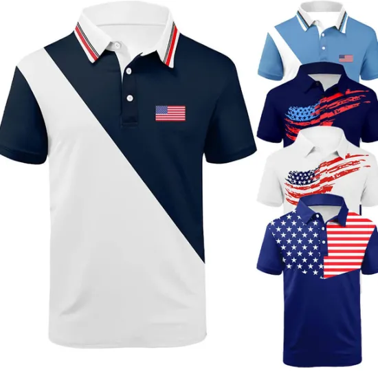 OUKU Men's American Flag Veterans Polo Shirts Golf Shirt Short Sleeve Polo Shirts Collared Shirts Casual Streetwear Vacation Wear Party Outfits Buttons 3D Print White Navy Blue Blue
