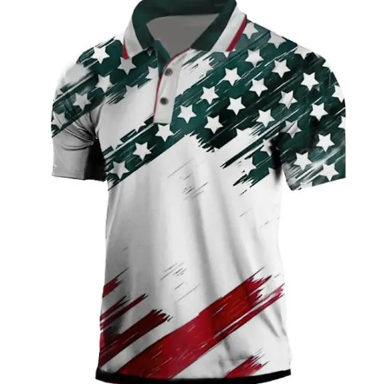 Online OUKU Men's American Flag Veterans Polo Shirts Golf Shirt Short Sleeve Polo Shirts Collared Shirts Casual Streetwear Vacation Wear Party Outfits Buttons 3D Print Black White Light Green