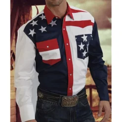 Clearance OUKU Men's American Flag Western Shirt Button Up Shirt Cowboy Shirt Long Sleeve Western Daily Fall & Winter Turndown Collared Shirts 3D Print Front Pocket Yellow Navy Blue Blue Purple