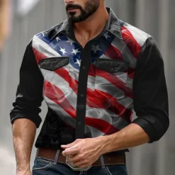 Hot OUKU Men's American US Flag Casual Shirt Western Shirt Button Up Shirt Long Sleeve Western Casual Sport Causal Casual Spring Fall Turndown Button Up 2 Pockets Black White Blue