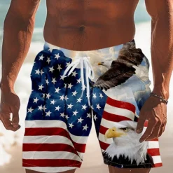 Clearance OUKU Men's American US Flag Eagle Patriotic Swim Trunks Swim Shorts Board Shorts Mid Waist Streetwear Hawaiian Casual Vacation Daily Holiday Drawstring Elastic Waist 3D Print Designer Clothing Apparel Light Blue