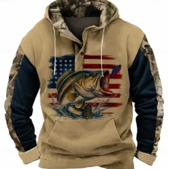 Clearance OUKU Men's American US Flag Fish Hoodie Sweatshirt Cowboy Casual Long Sleeve Hooded Sports Outdoor Streetwear Light Brown Brown Pocket 3D Print Fall Winter Designer