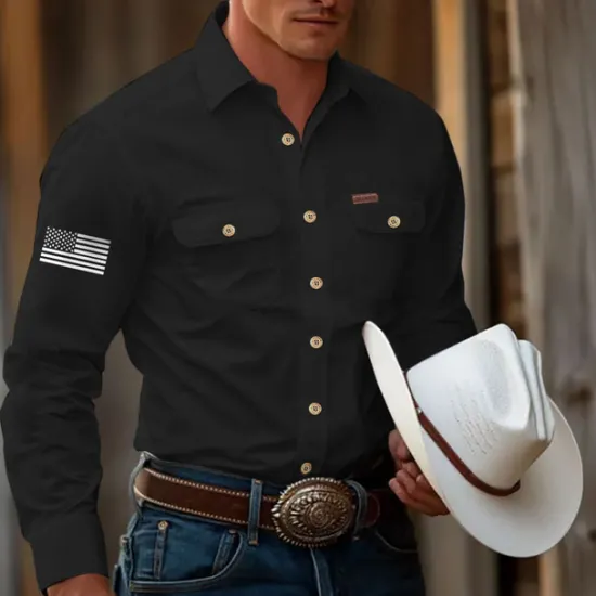 Discount OUKU Men's American US Flag Patriotic Work Shirt Western Shirt Cargo Shirt Long Sleeve Casual Tactical Sports & Outdoor Going out Winter Spring & Fall Turndown Print Black Army Green Blue