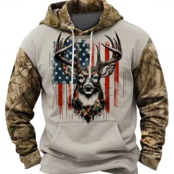 Best OUKU Men's American US Flag Patriotic Deer Hoodies Daily Casual Long Sleeve Hooded Vacation Sports Outdoor Streetwear Brown Light Grey Print Front Pocket Spring & Fall Designer